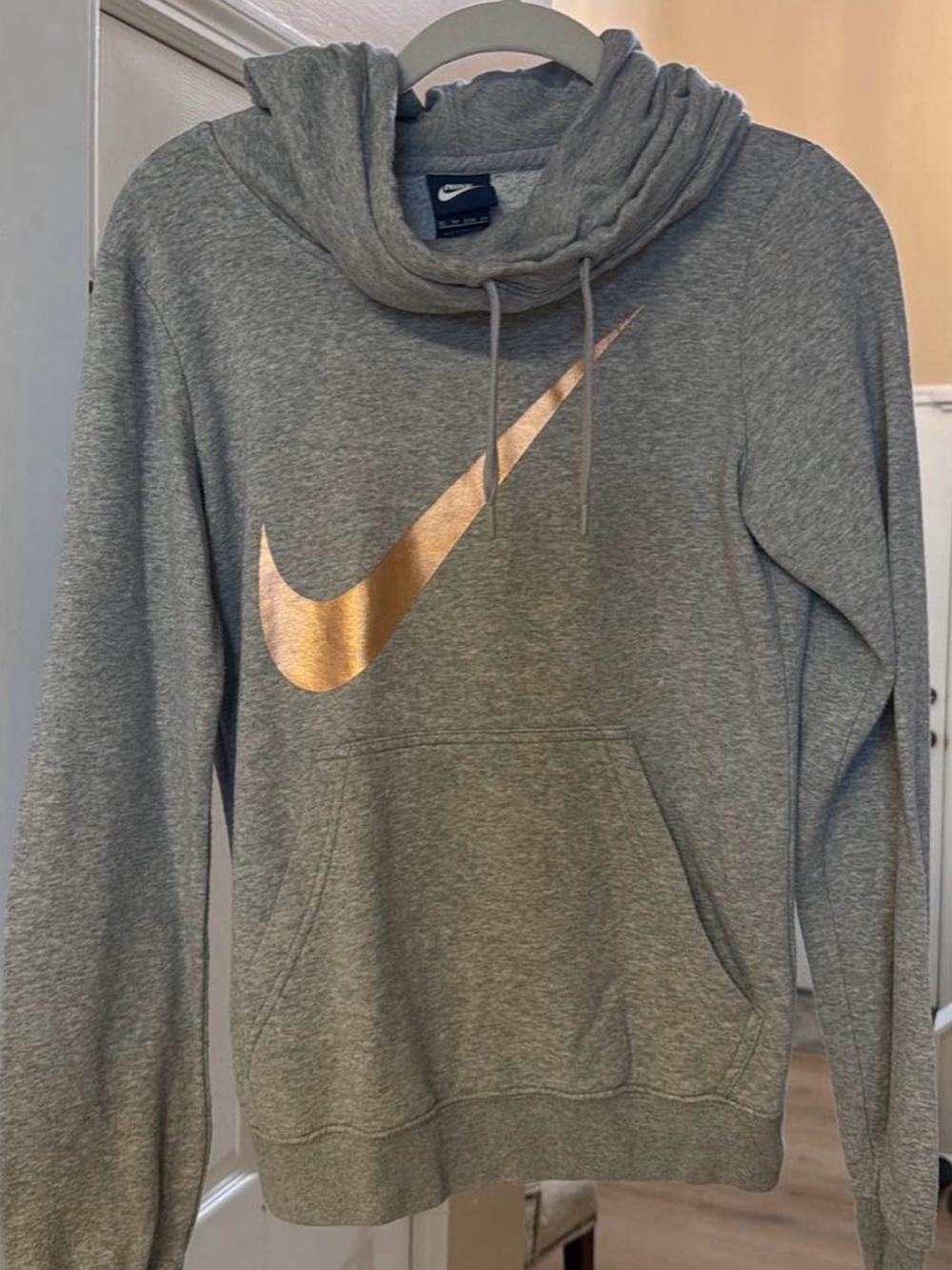 Nike Women’s Gray Cowl Neck Sweatshirt with Metallic Gold Swoosh Womens XS